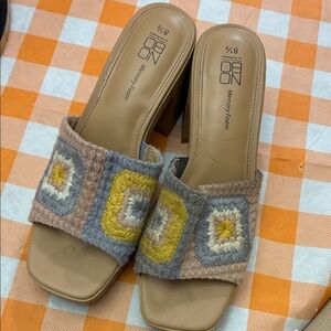 NOBO Beige Slide Mules with Gray and Yellow Crochet Squares